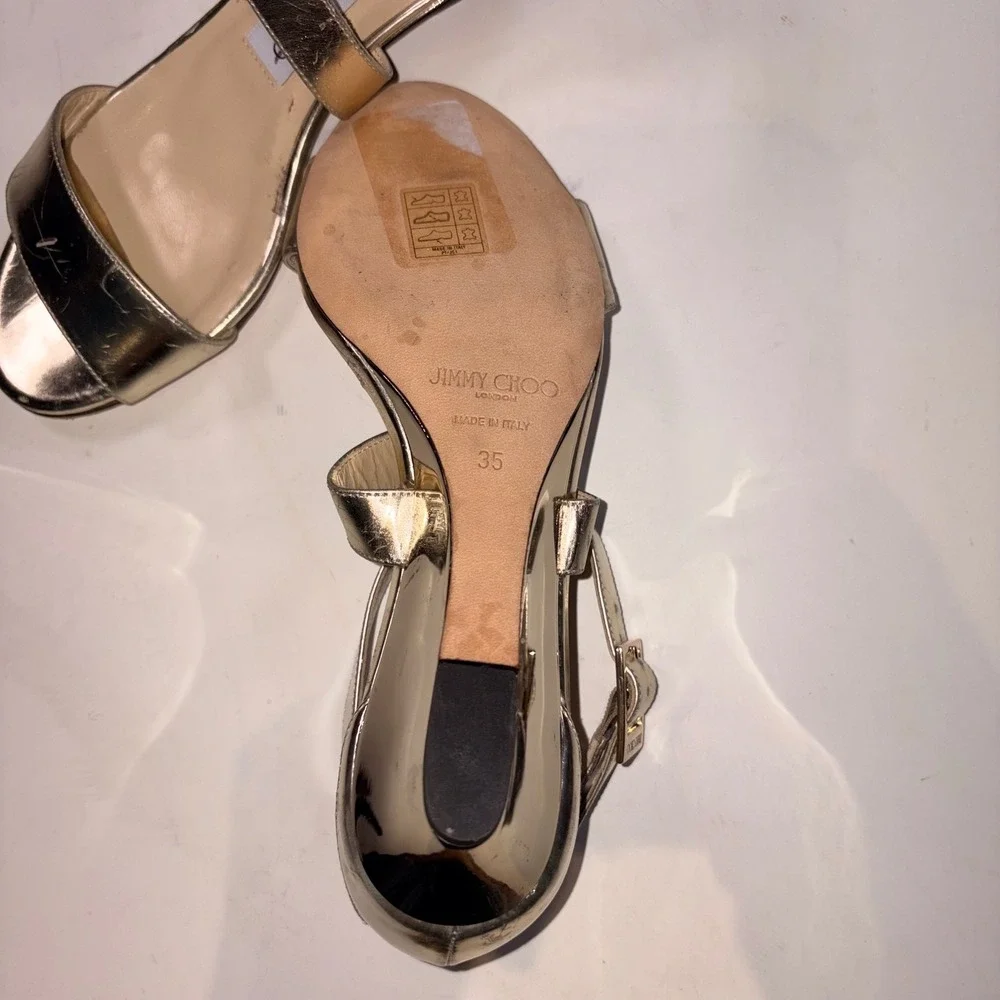 Jimmy Choo Wedge Sandals 35 Gold Metallic Leather Strappy Buckle Ankle Strap